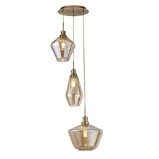 Pendant 3 Light Multi Drop Antique Brass Amber Glass Ceiling Light E27 Dimmable