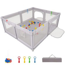 Large Baby Playpen with Pull Rings and Ocean Balls-Gray - Color: Gray