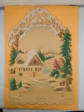 Vintage German Embossed Die-Cut Paper Winter Cabin Christmas Calendar Topper
