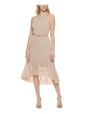 TOMMY HILFIGER Womens Beige Belted Lined Hi Lo Hem Sleeveless Midi Dress 10