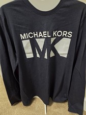 MICHAEL KORS LARGE Logo Loungewear Tee Long Sleeve Navy Bnwt