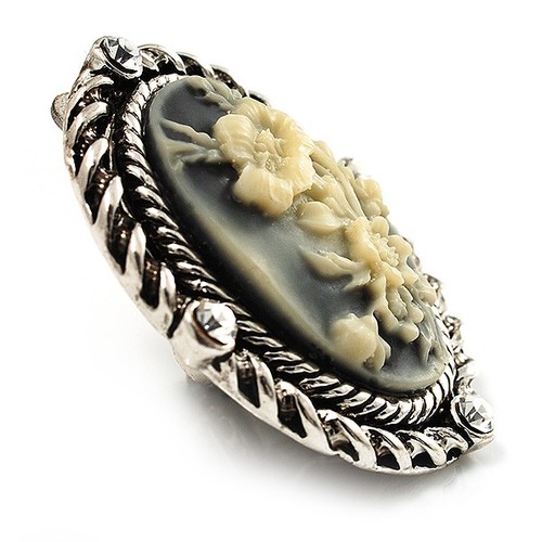 Antique Silver Floral Cameo Clip-On Earrings - 35mm Length - Picture 4 of 4