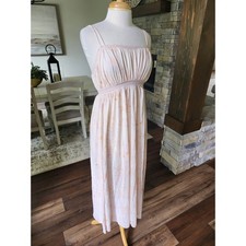 Vintage 80s Peach Floral Empire Waist Maxi Nightgown Lace Trim Coquette Fairy