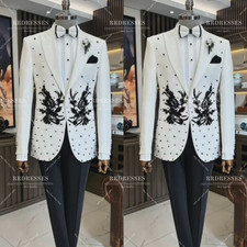 Beading Men's White Suit for Weddng Prom Banquet 2Pcs Peak Lapel Tuxedo Jacket