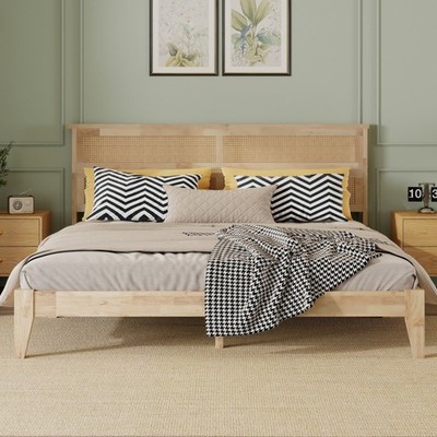 King Size Solid Wood Bed Frame with Rattan Headboard Rubber Wood Slatted Bed