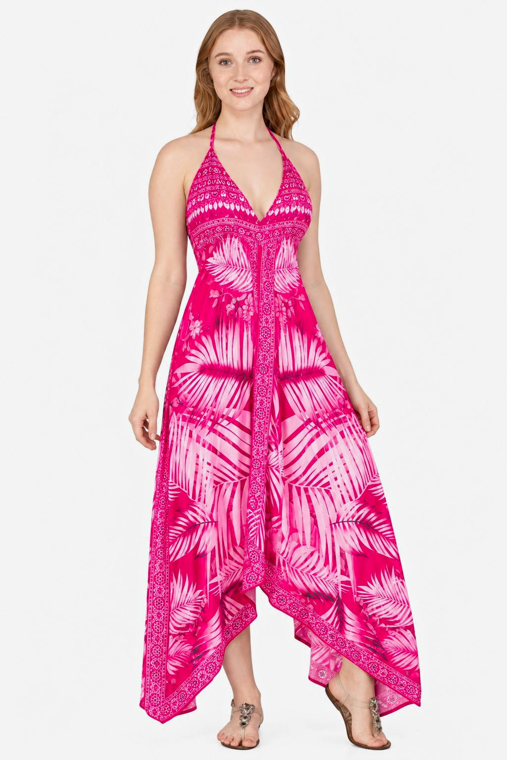 Womens Sundress One Size Maxi Halter V Neck Backless Floral Pink White