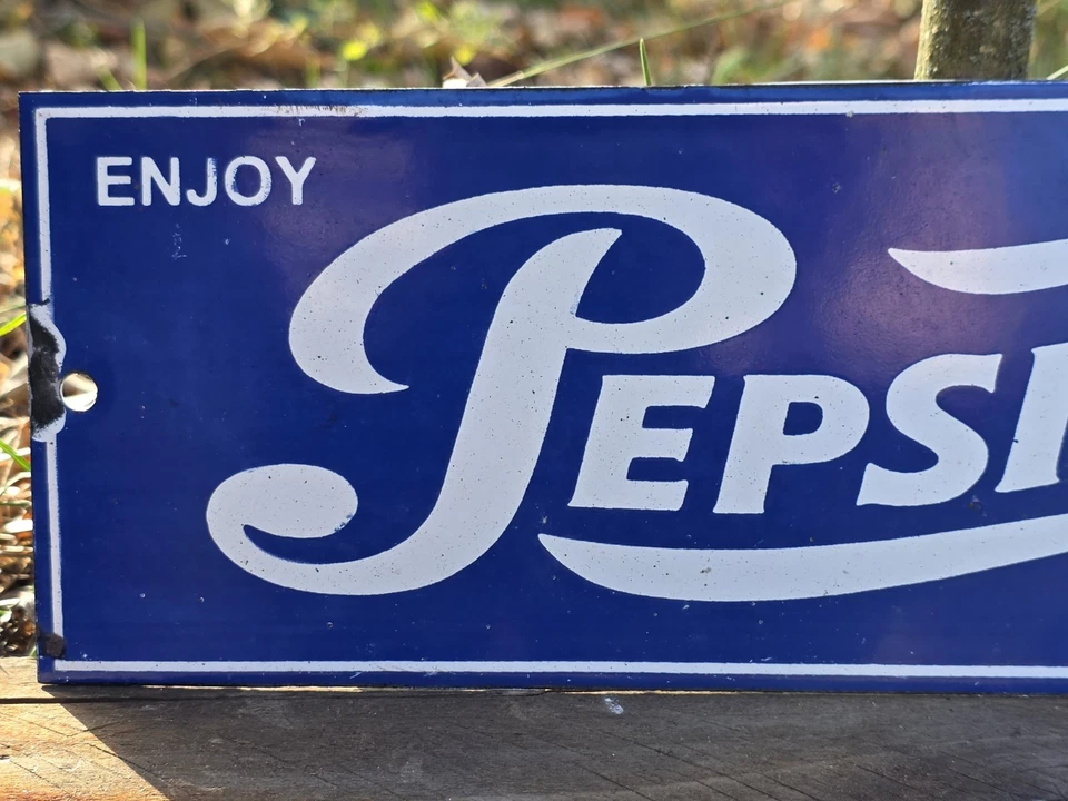 DE COLECCIÓN LETRERO DE PORCELANA PEPSI-COLA BEBIDA REFRESCO GASOLINERA LETRERO COQUE 12"×4" Foto 3 de 4