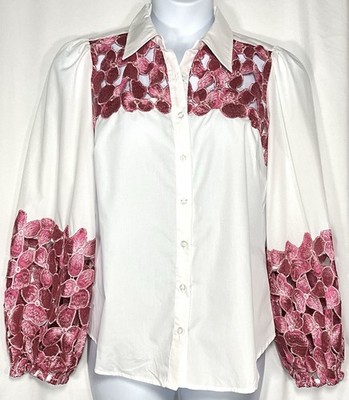 Boston Proper Embroidered Drama Sleeve Cutout Button Up Shirt Size L NWOT