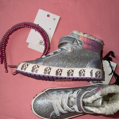 H&M HM GIRLS  High SHOES SNEAKERS LINED silver Glitter UNICORN size 12+HAIR BAND