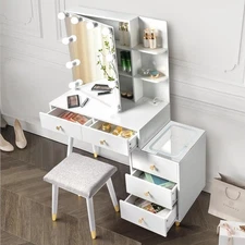 Vanity Set 10 LED Mirror Dressing Table and Lighted Mirrored Top Nightstand