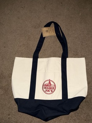 Trader Joe's Canvas Foldable Reusable Shopping Bag White Navy Blue Solid