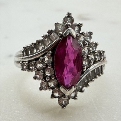 Sterling Silber 925 Ring Marquise rosa Rubin mit weißem Saphir Akzent Gr. 6,75