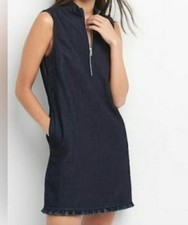 GAP Denim Fringe Mock Collar Sleeveless Raw Hem Denim w Pockets Blue Dress Small