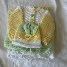 Hand Knit Baby Sweater Hat Receiving Blanket Set Unisex 0-3 Months Yellow