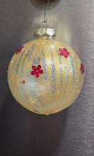 Glass Accents Art Glass Ornament Gold Iridescent Glitter Swirl Ball Red Flowers