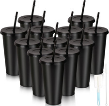 12Pcs Drinking Cup Tumbler Cups with Straw and Lid, 24Oz Plastic Tumblers Reusab
