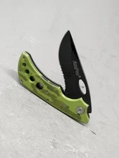 AmPro Folding Knife Black Partial Serrated Blade Green Camouflage Handle