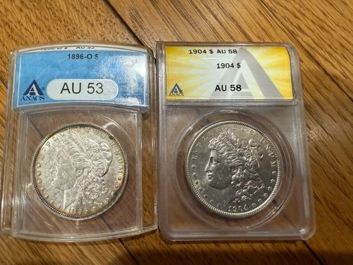 1904-p ANACS AU 58 & 1896-o AU53 ANACS Morgan Dollars