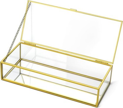 QWORK  Goldene Vintage Glasbox, Schmuck Storage Organizer, 23.3 x 10 x 5.3 cm
