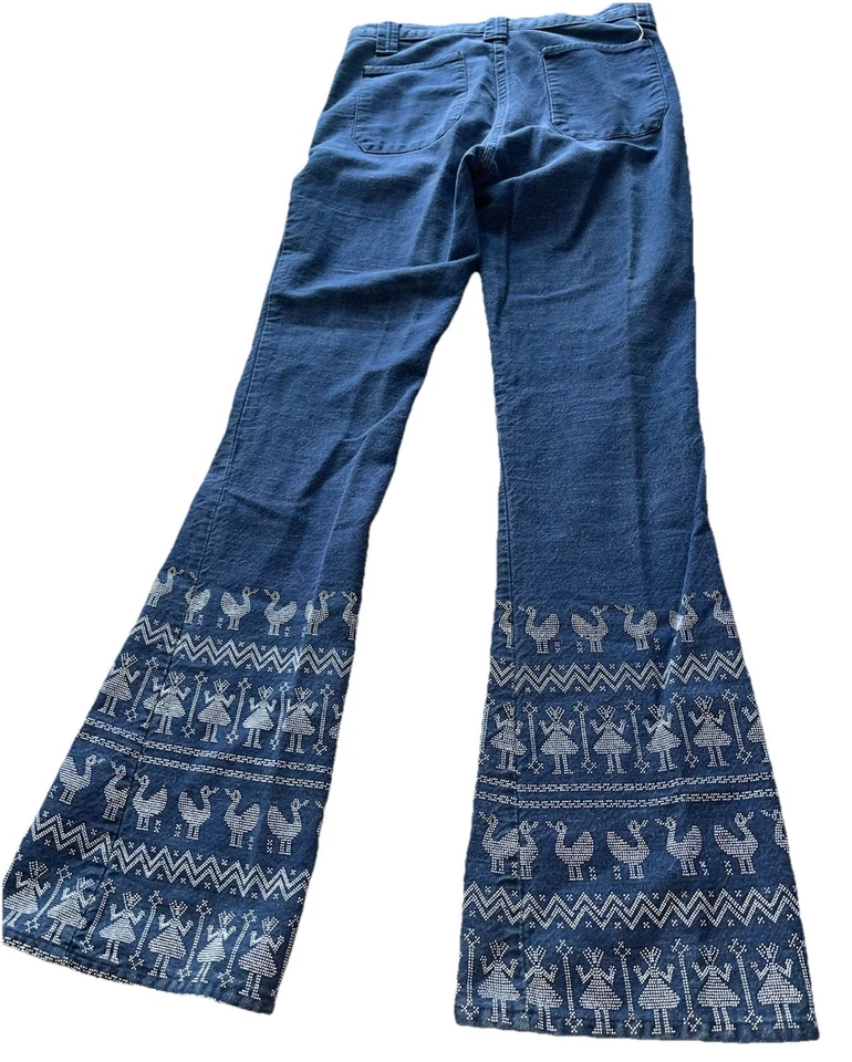 Винтажные джинсы 70-х темно-синий морской стиль Dungaree Flare Bell Bottoms племенная вышивка - Изображение 4 из 4