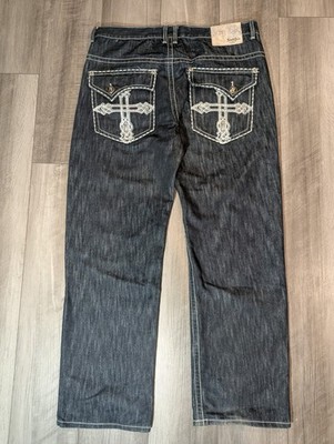 Y2K Southpole Premium Jeans Sz 38 Black Embroidered Cross 90s Distressed