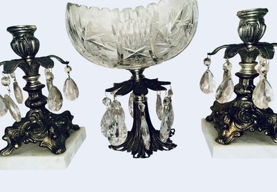 L & L Loevsky Marble & Crystal Prism Taper Holders & Console Bowl MCM Gold Tone