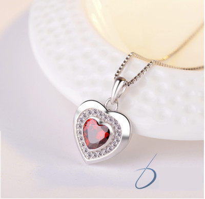 925 Sterling Silver Red Crystal Heart Cubic Zircon Pendant Box Chain Necklace J2