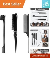 Hair Brush Set with Edge Brush, Bristle Brush  Rat Tail Comb - Black