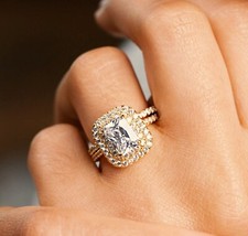 925 Silver Ladies 2 piece Emerald Cut Double Halo 18k God Tone Wedding Ring Set