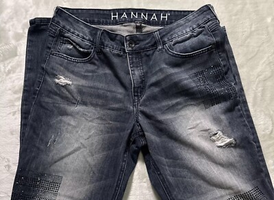 Hannah Jeans Woman's 14 Blue Dark Wash/Distressed Blue Rhinestones