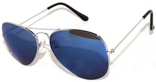 AVIATOR SILVER METAL FRAME BLUE MIRROR COLORED LENSES RETRO SUNGLASSES UV 99