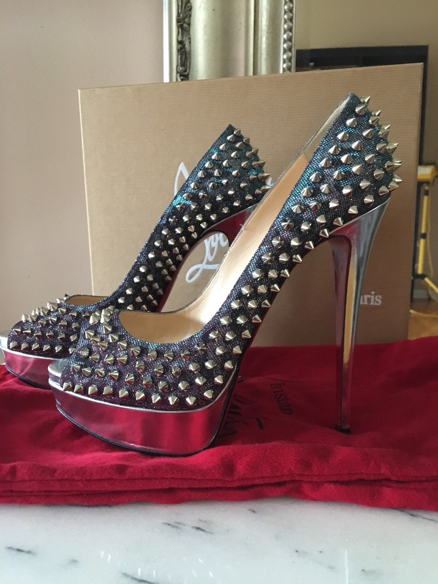 Christian Louboutin Lady Peep Spikes 150 Lame Turquoise Christian Louboutin Lady Peep Spikes 150 Lame Turquoise