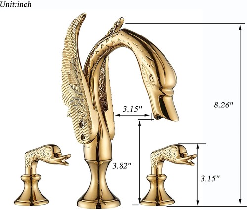 Gold Swan Style Bathroom Basin Sink Faucet 2 Handle 3 Hole Deck Mount Mixer Tap - Picture 11 of 27