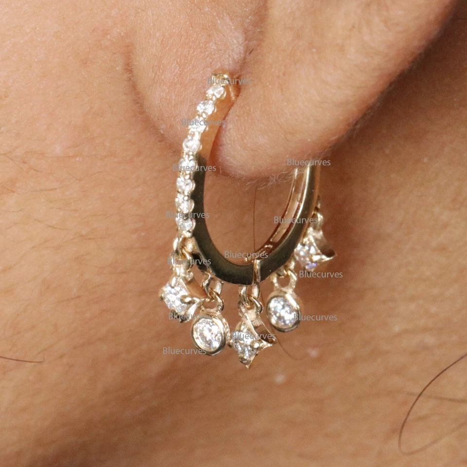 Princess & Round Cut Natural Diamond Drop Hoops Earrings in Solid14k Yellow Gold - Image 2 of 4