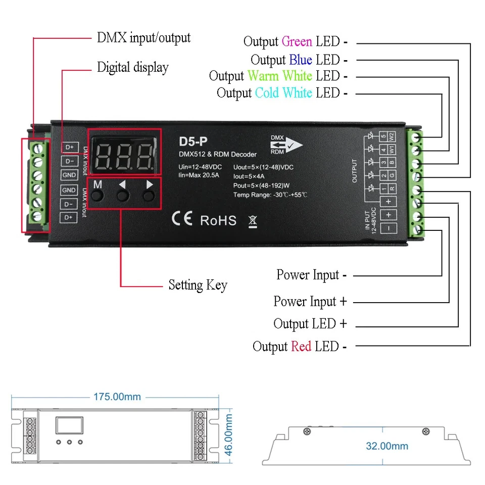 DC 12V-48V 5 Channel DMX Decoder DMX512 Dimmer Driver PWM RGBCCT LED Controller  - Image 2 of 4