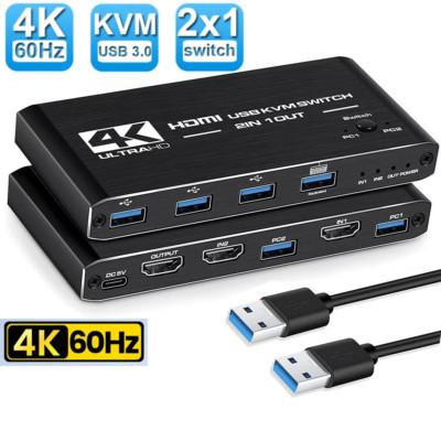 HDMI KVM Switch 4K@60Hz 2 Ports USB 3.0 KVM Switcher 2 in 1 out 2 PC Sharing