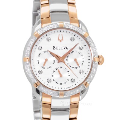 BULOVA Womens 24 Diamonds Watch, White Dial Day Date, Two
