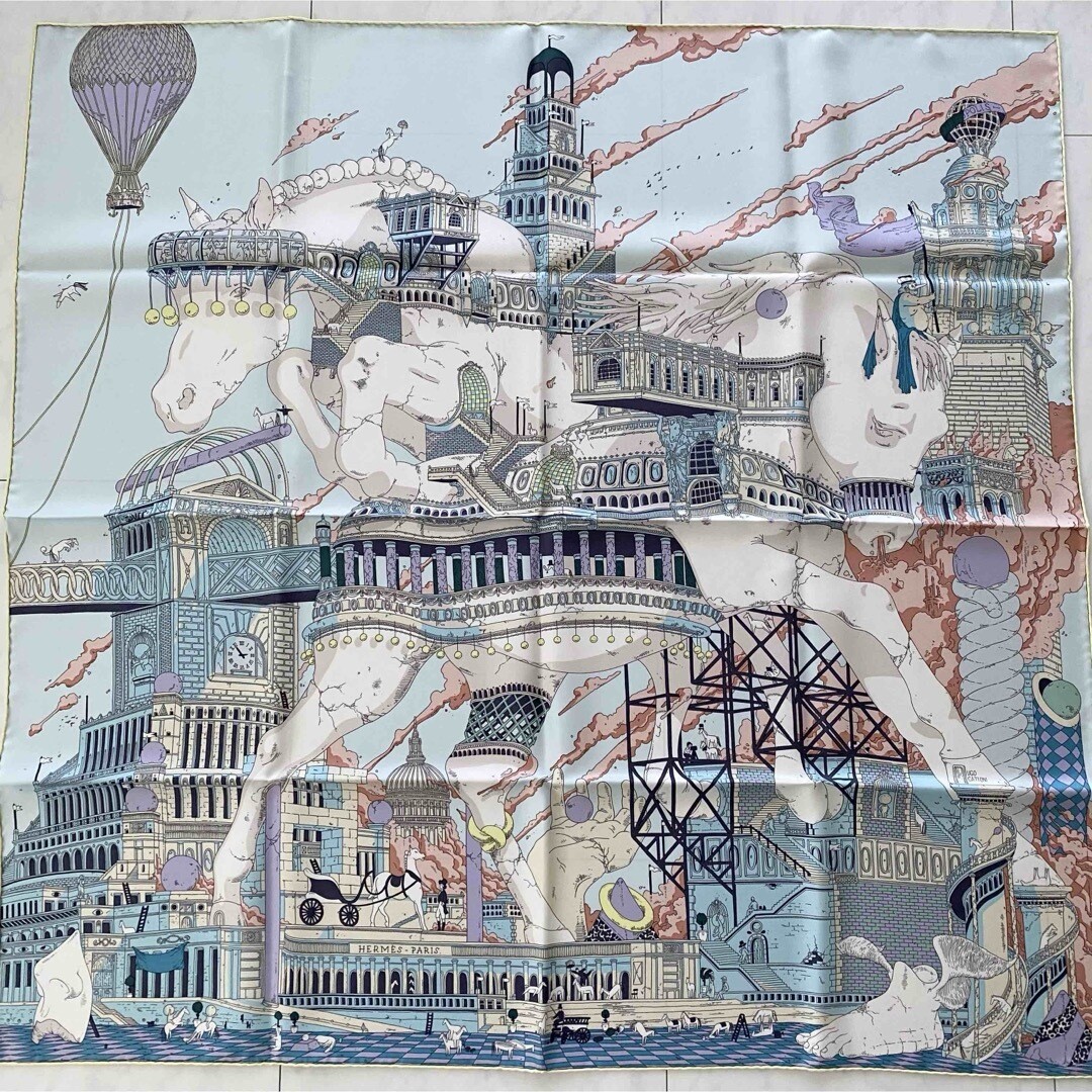Hermes Scarf Hippopolis by Ugo Gattoni 90 cm Silk Carre horse castle light blue