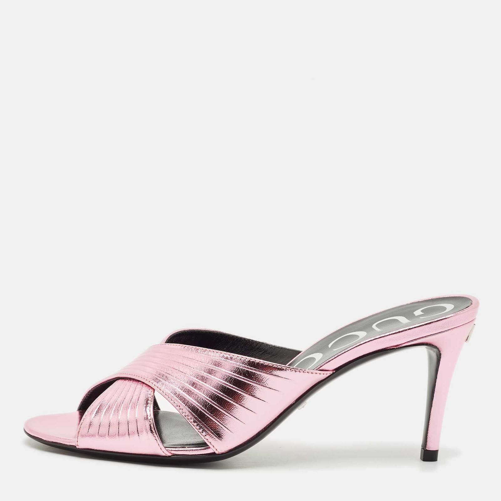 Gucci pink metallic leather criss cross slide sandals size 37