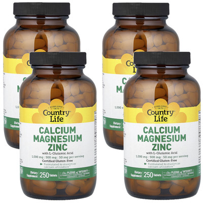 Country Life Calcium Magnesium Zinc, L-Glutamic Acid 250 Tablets Each (Pack 4)