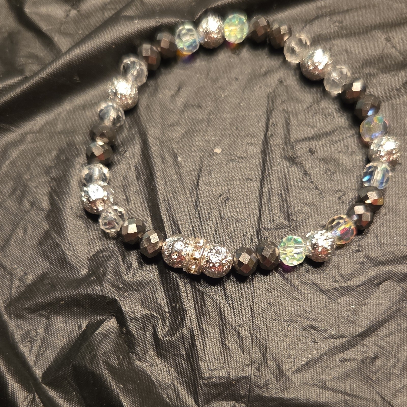 Black & Clear Crystal Glass Beaded Stretch Bracelet, Round Stackable