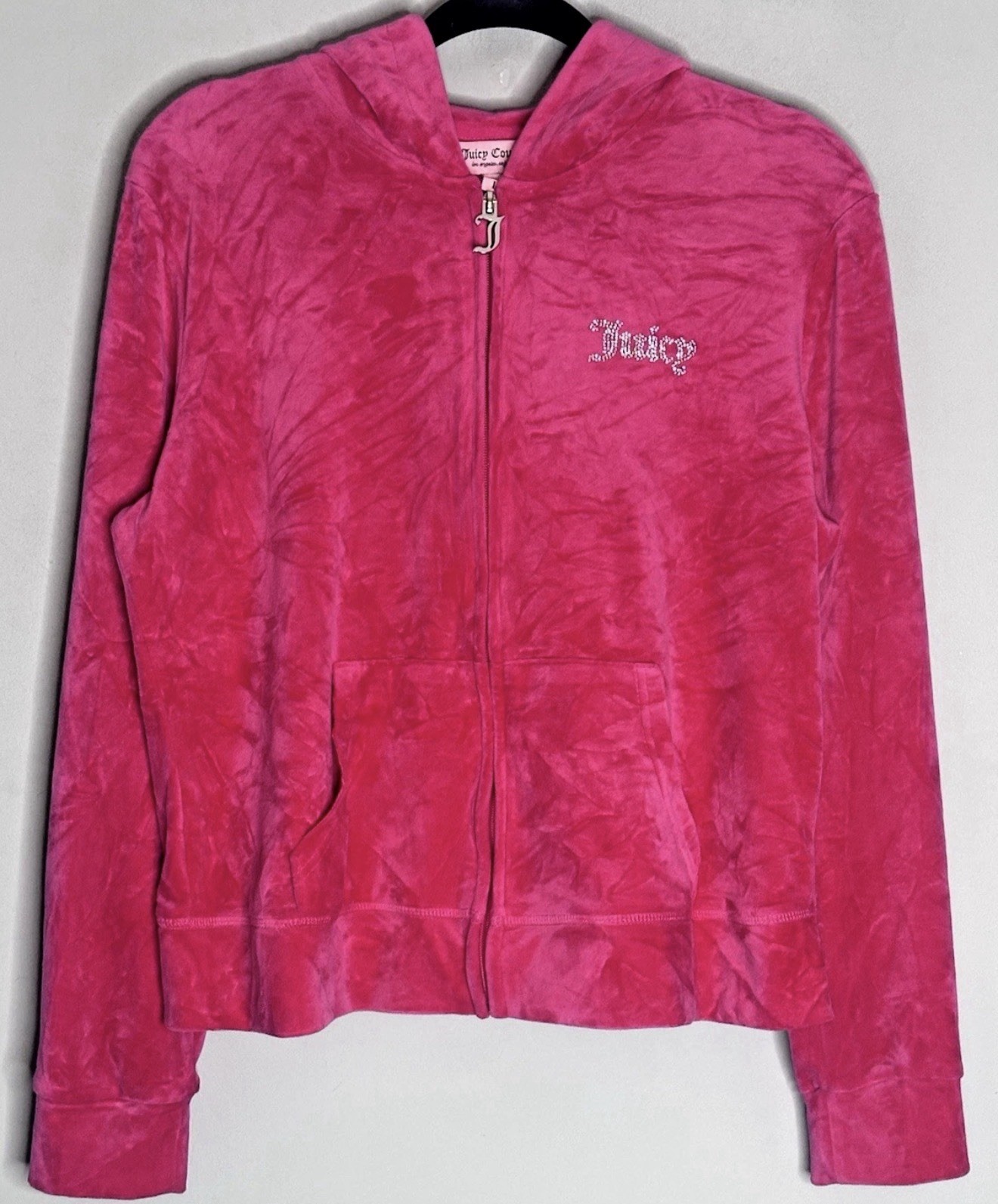 Juicy Couture Women’s Pink Velour Zip Hoodie Large Rhinestone Logo Y2K McBling