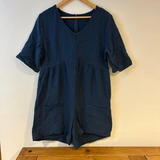 Gauze Like Country Blue Romper Lagenlook Minimalist Front Pockets Sz L 