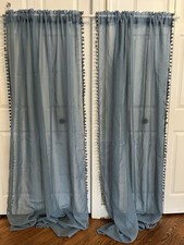 Blue Rod Pocket Pom Poms Sheer Curtains 4 Panels, 52" W x 84" L