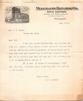 Merchants Elevator Co. 1912 Minneapolis MN Antique Letterhead Billhead TK23