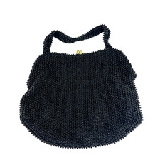 Vintage 1960s Black Dot Beaded Kiss Lock Small Purse Evening Bag 9" X 7"