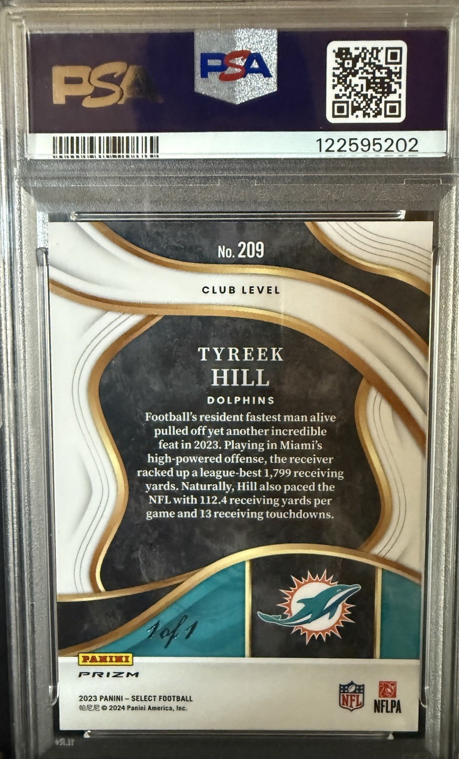 2023 Panini Select #209 Tyreek Hill Black Disco Prizm 1/1 PSA GEM MT 10 view 2
