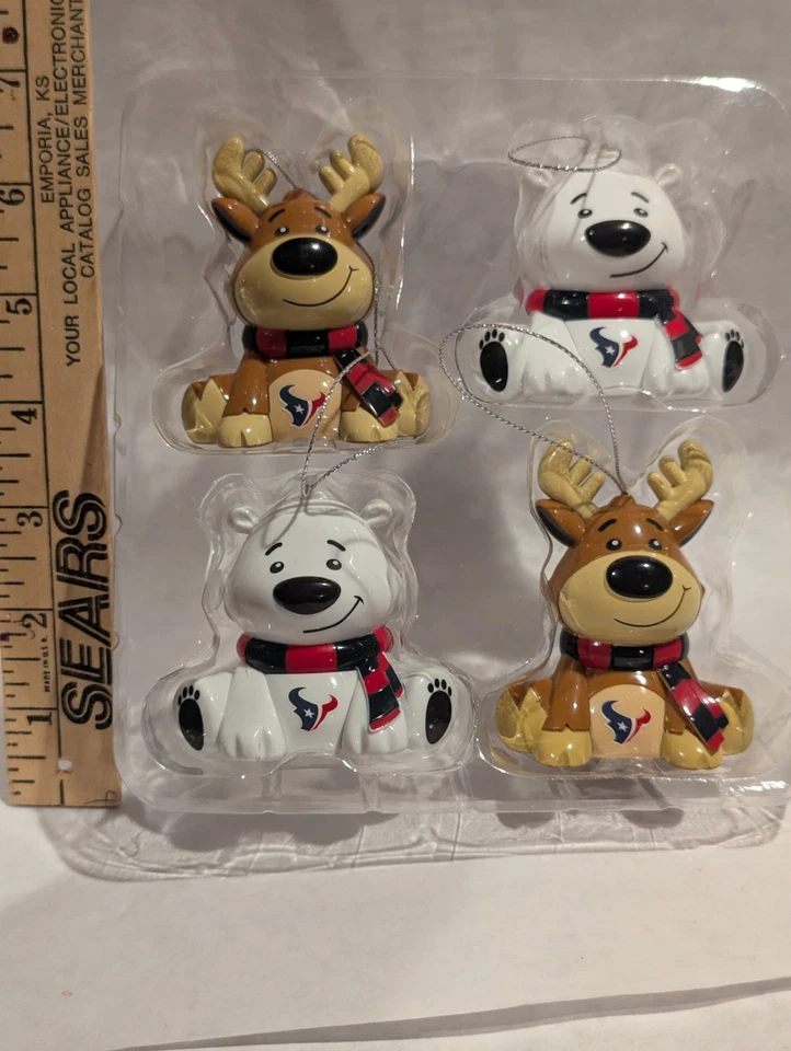 NFL FOCO Houston Texans Football Team Ornaments Set of 4 New In Box Moose & Bear - Image 4 of 4