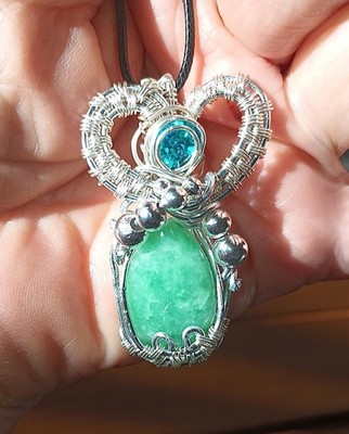 Handmade Green Strawberry Quartz Pendant Necklace: Plated Silver Wire Wrapped