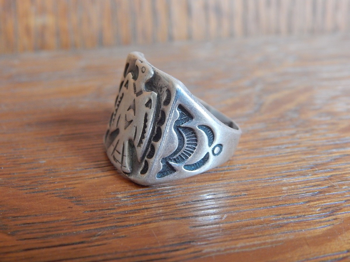 Fred Harvey Thunderbird Ring sz 7.5 Cast Sterling Silver or Coin